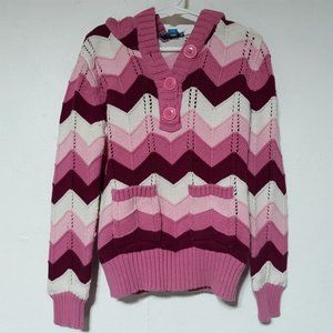 Childrens Place Striped Pink Sweater Girls 10-12 Large Pullover Pocket Buttons